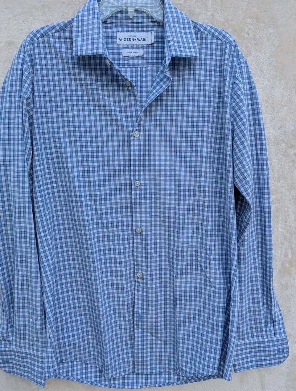 Mizzen + Main Leeward Blue Gingham Plaid Long Sleeve Button Down Large Trim Fit